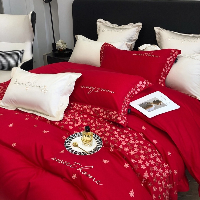 91家纺网 家纺一手货源 找家纺 卡姿家纺 2025新款100支全棉纯棉高端定制四件套—伊莎贝拉 伊莎贝拉-千禧红