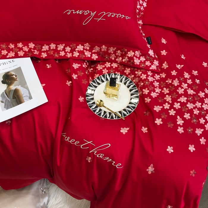 91家纺网 家纺一手货源 找家纺 卡姿家纺 2025新款100支全棉纯棉高端定制四件套—伊莎贝拉 伊莎贝拉-千禧红