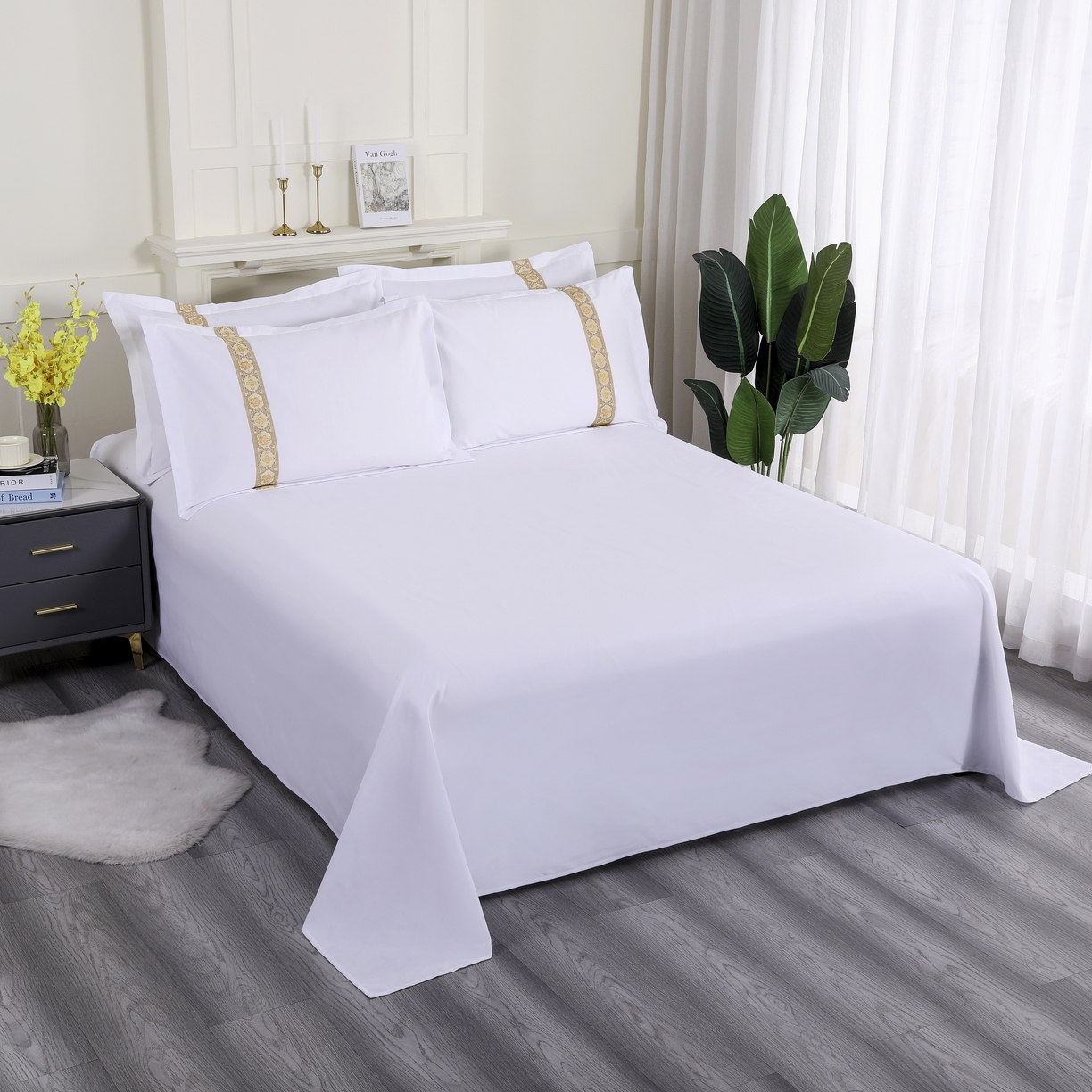 91家纺网 家纺一手货源 找家纺 三俏家纺 2025年酒店布草 磨毛高仿棉星级酒店宾馆民宿磨毛纯白三件套四件套100克平纹款 凤尾金