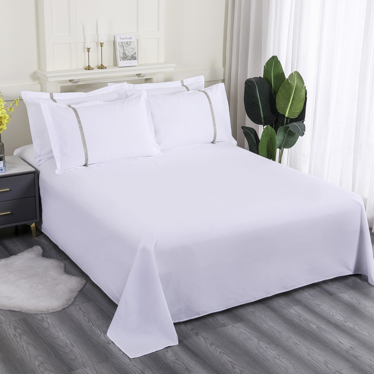 91家纺网 家纺一手货源 找家纺 三俏家纺 2025年酒店布草 磨毛高仿棉星级酒店宾馆民宿磨毛纯白三件套四件套100克平纹款 复古灰