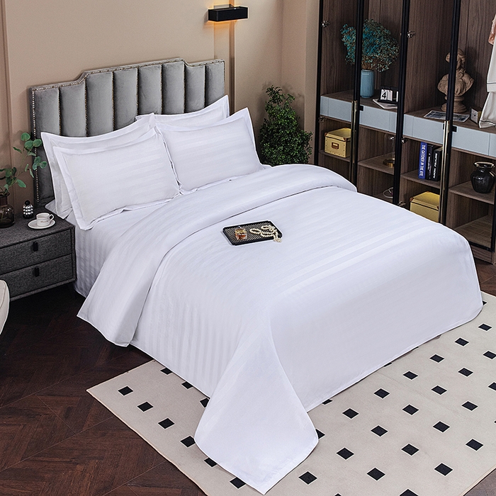 91家纺网 家纺一手货源 找家纺 （总）三俏家纺 2025年酒店布草 140g磨毛高仿棉星级酒店宾馆民宿磨毛纯白三件套四件套纯白缎条四件套