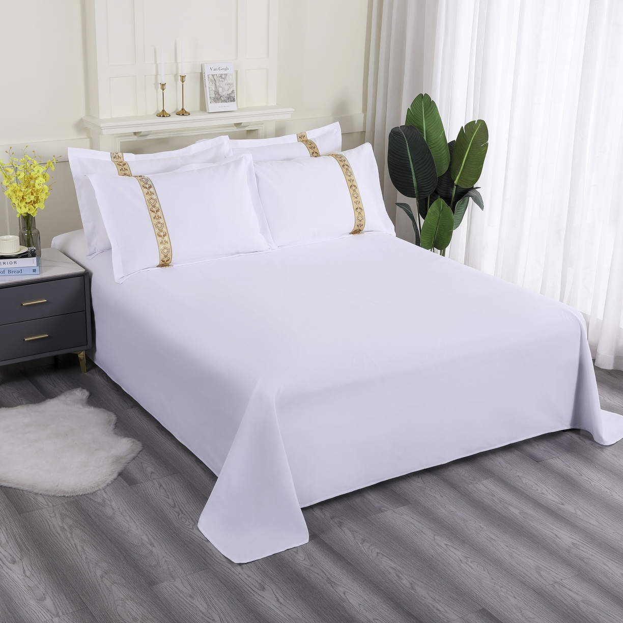 91家纺网 家纺一手货源 找家纺 三俏家纺 2025年酒店布草 磨毛高仿棉星级酒店宾馆民宿磨毛纯白三件套四件套100克平纹款 复古金