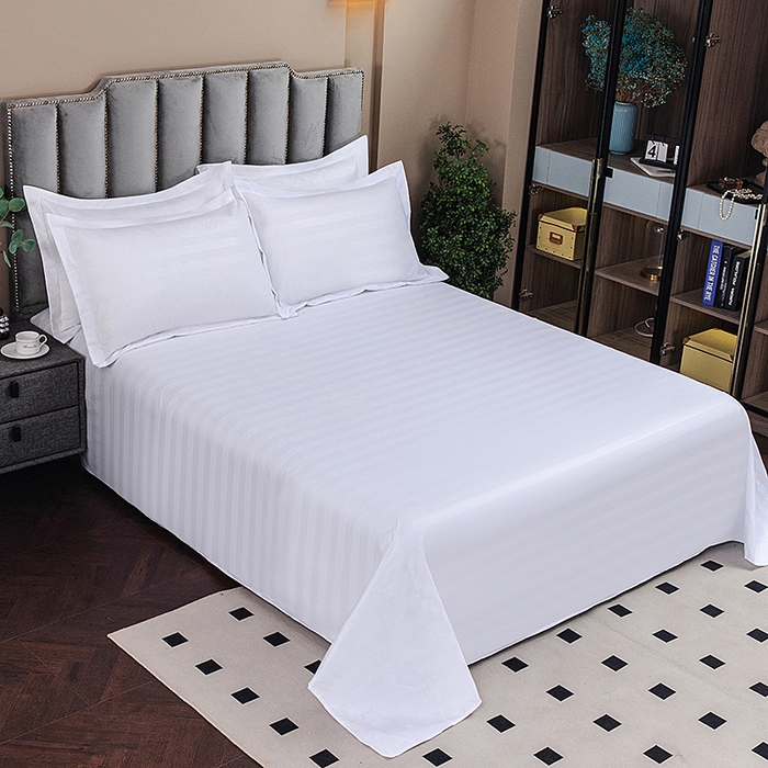 91家纺网 家纺一手货源 找家纺 三俏家纺 2025年酒店布草 140g磨毛高仿棉星级酒店宾馆民宿磨毛纯白三件套四件套纯白缎条四件套 100克平纹