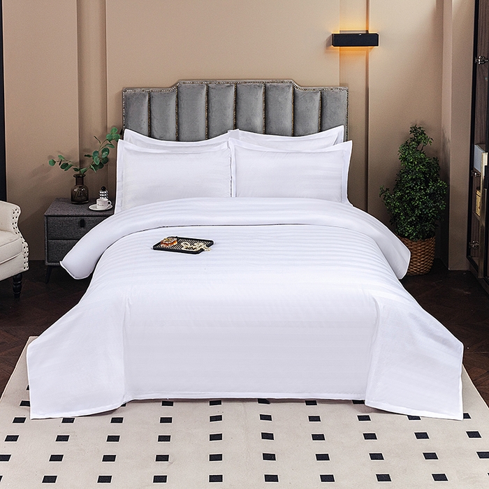 91家纺网 家纺一手货源 找家纺 三俏家纺 2025年酒店布草 140g磨毛高仿棉星级酒店宾馆民宿磨毛纯白三件套四件套纯白缎条四件套 140克斜纹加厚