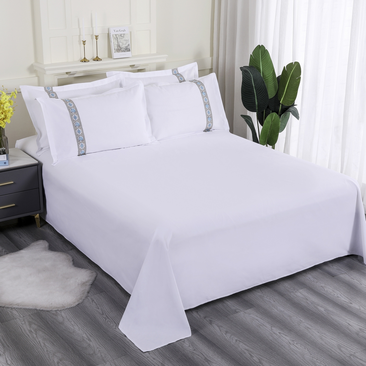 91家纺网 家纺一手货源 找家纺 三俏家纺 2025年酒店布草 磨毛高仿棉星级酒店宾馆民宿磨毛纯白三件套四件套100克平纹款 复古蓝