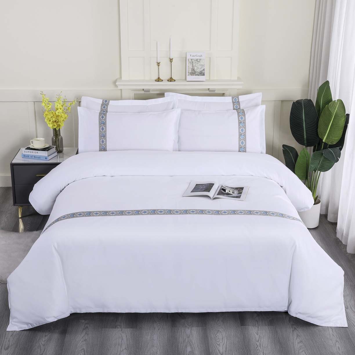 三俏家纺 2025年酒店布草 磨毛高仿棉星级酒店宾馆民宿磨毛纯白三件套四件套100克平纹款 复古蓝