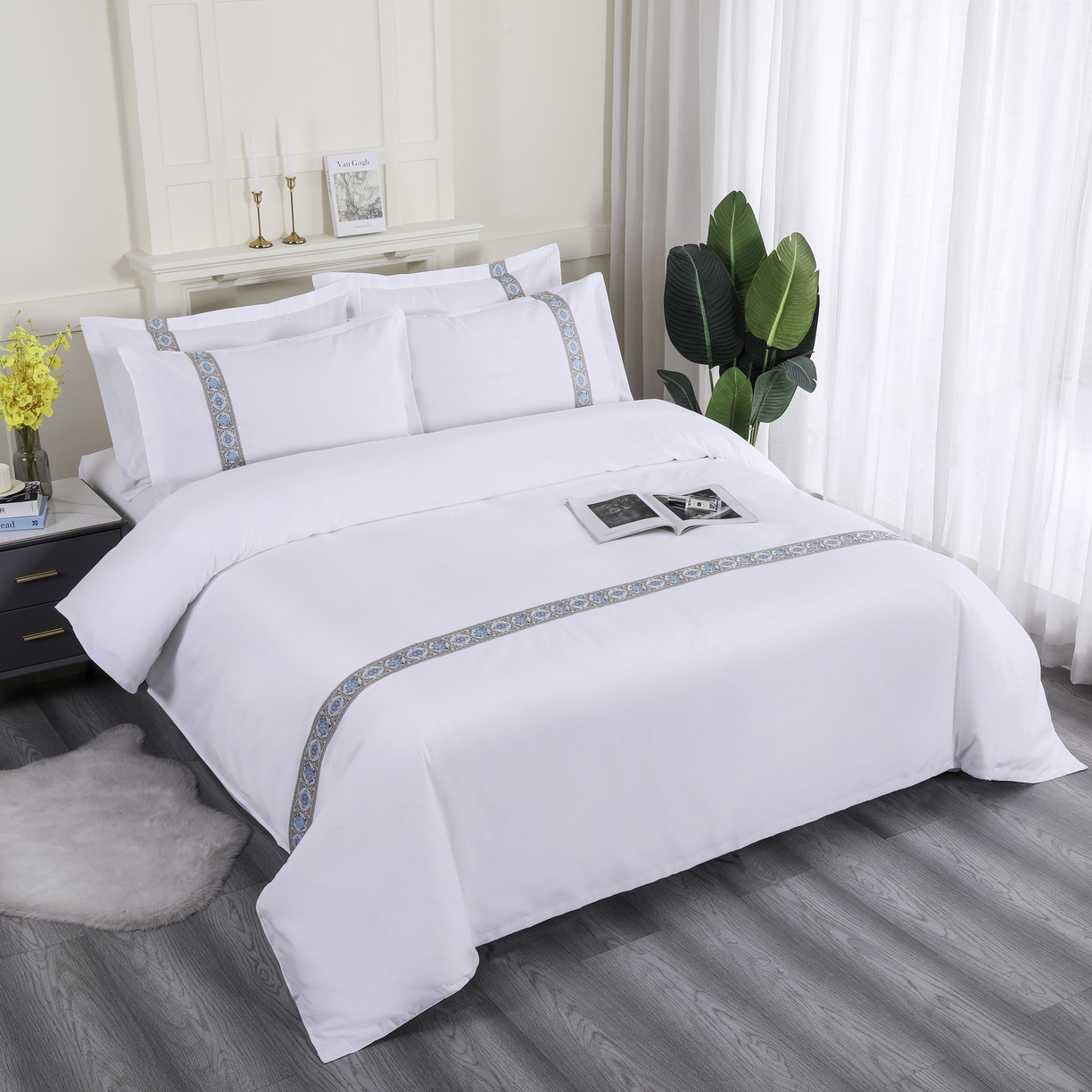 91家纺网 家纺一手货源 找家纺 三俏家纺 2025年酒店布草 磨毛高仿棉星级酒店宾馆民宿磨毛纯白三件套四件套100克平纹款 复古蓝