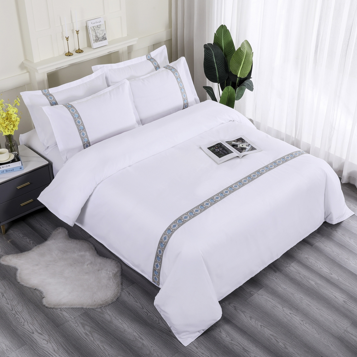 91家纺网 家纺一手货源 找家纺 三俏家纺 2025年酒店布草 磨毛高仿棉星级酒店宾馆民宿磨毛纯白三件套四件套100克平纹款 复古蓝