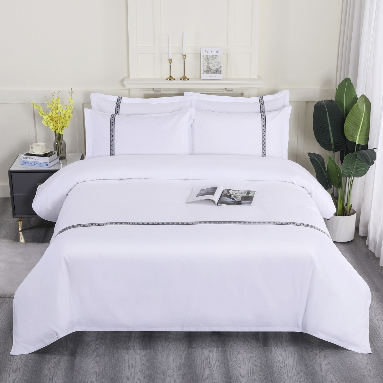 三俏家纺 2025年酒店布草 磨毛高仿棉星级酒店宾馆民宿磨毛纯白三件套四件套100克平纹款 高级灰