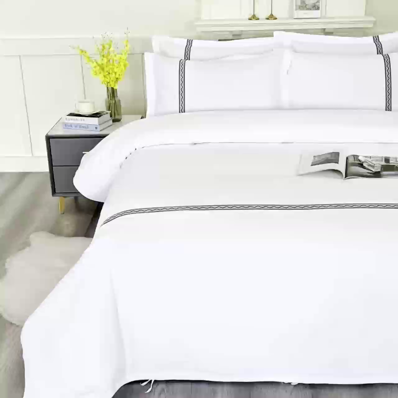 91家纺网 家纺一手货源 找家纺 三俏家纺 2025年酒店布草 磨毛高仿棉星级酒店宾馆民宿磨毛纯白三件套四件套100克平纹款 高级灰