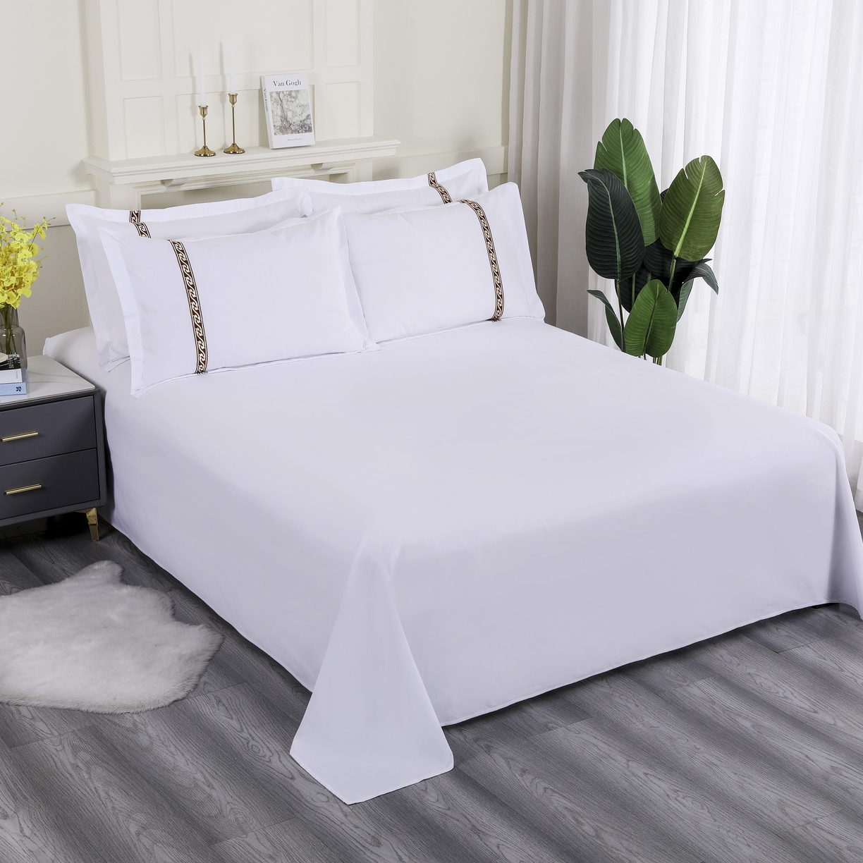 91家纺网 家纺一手货源 找家纺 三俏家纺 2025年酒店布草 磨毛高仿棉星级酒店宾馆民宿磨毛纯白三件套四件套100克平纹款 高级咖