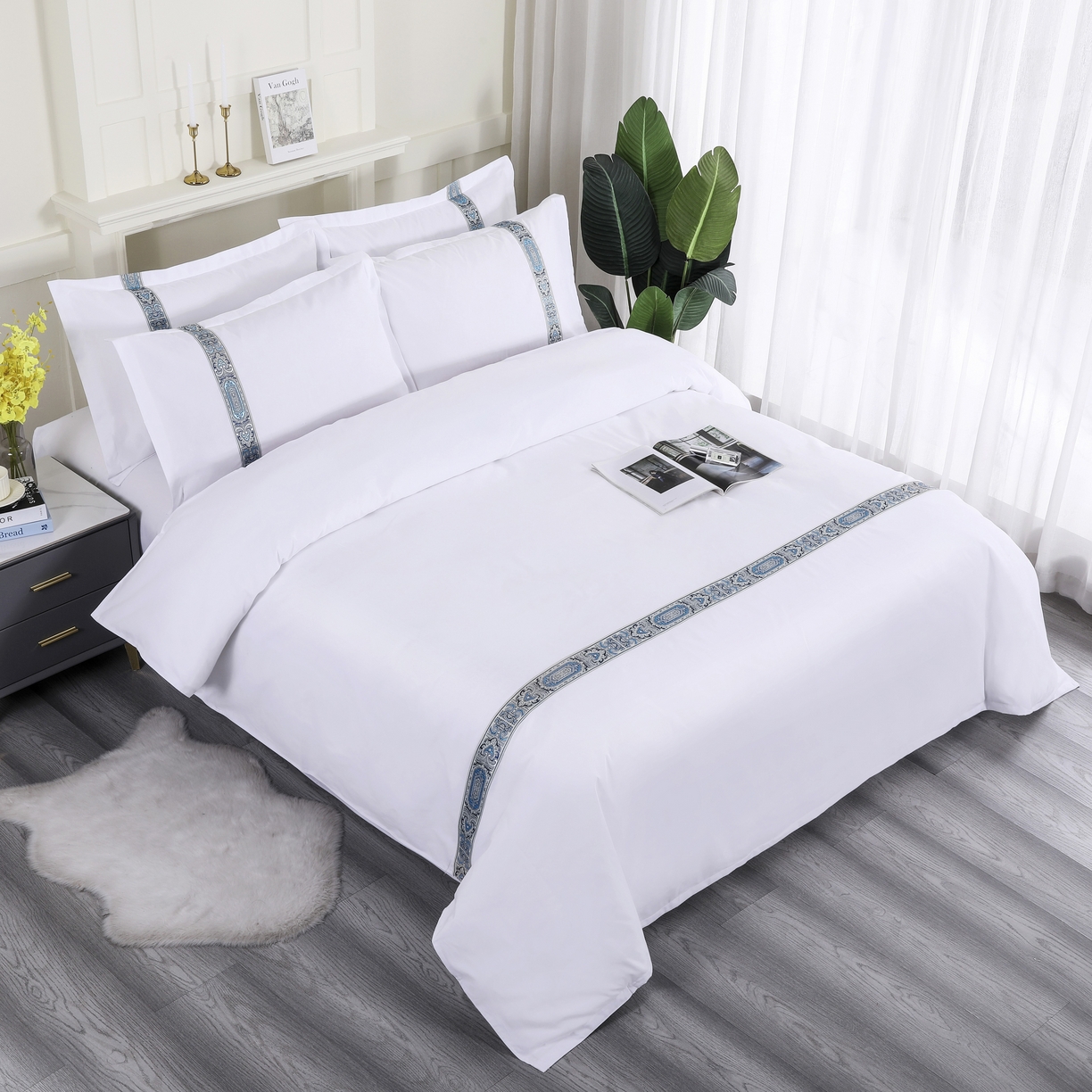 91家纺网 家纺一手货源 找家纺 三俏家纺 2025年酒店布草 磨毛高仿棉星级酒店宾馆民宿磨毛纯白三件套四件套100克平纹款 国潮蓝