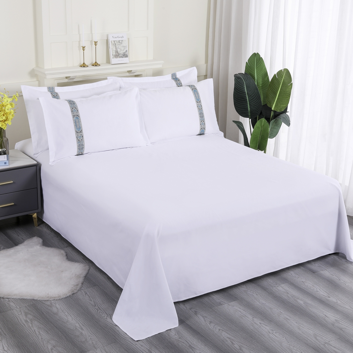 91家纺网 家纺一手货源 找家纺 三俏家纺 2025年酒店布草 磨毛高仿棉星级酒店宾馆民宿磨毛纯白三件套四件套100克平纹款 国潮蓝