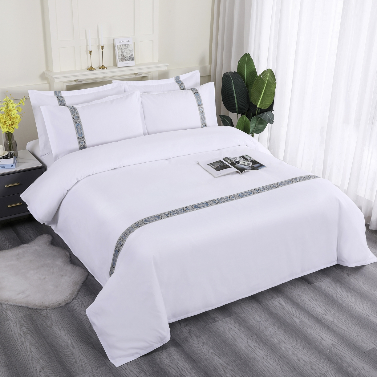 91家纺网 家纺一手货源 找家纺 三俏家纺 2025年酒店布草 磨毛高仿棉星级酒店宾馆民宿磨毛纯白三件套四件套100克平纹款 国潮蓝