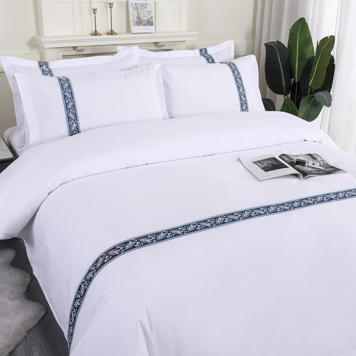 91家纺网 家纺一手货源 找家纺 三俏家纺 2025年酒店布草 磨毛高仿棉星级酒店宾馆民宿磨毛纯白三件套四件套100克平纹款 金叶蓝