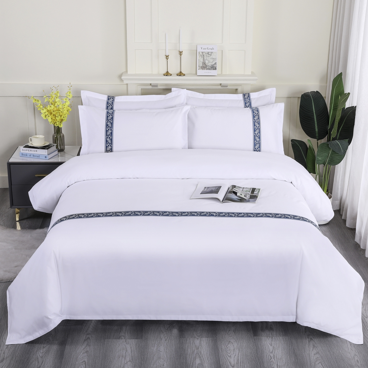 三俏家纺 2025年酒店布草 磨毛高仿棉星级酒店宾馆民宿磨毛纯白三件套四件套100克平纹款 金叶蓝