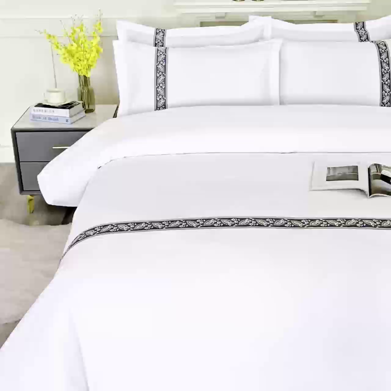 91家纺网 家纺一手货源 找家纺 三俏家纺 2025年酒店布草 磨毛高仿棉星级酒店宾馆民宿磨毛纯白三件套四件套100克平纹款 金叶蓝