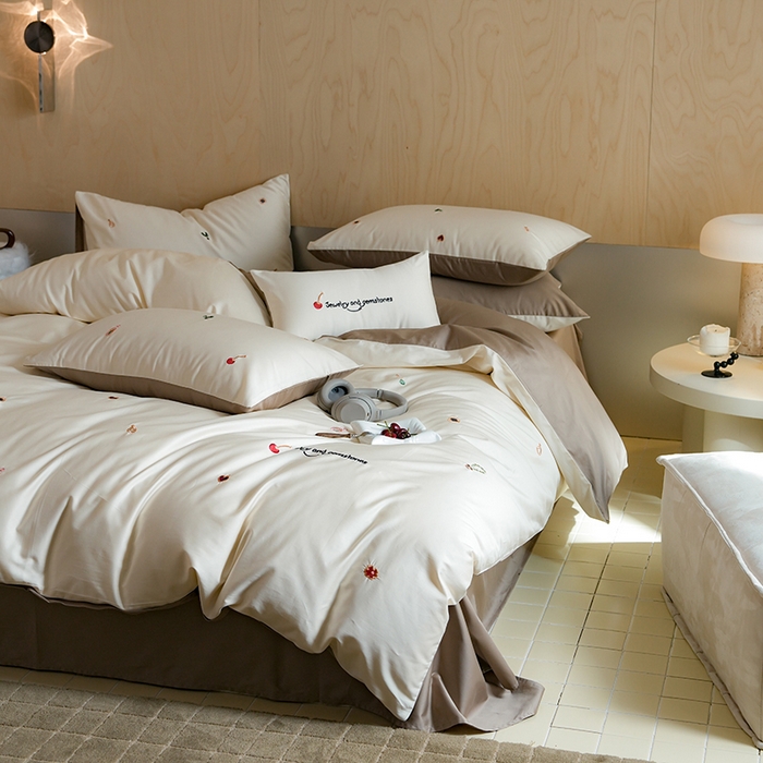 简纯主义 2025新款A类趣味系列全棉长绒棉插画绣花四件套-樱桃甜心 樱桃甜心-咖