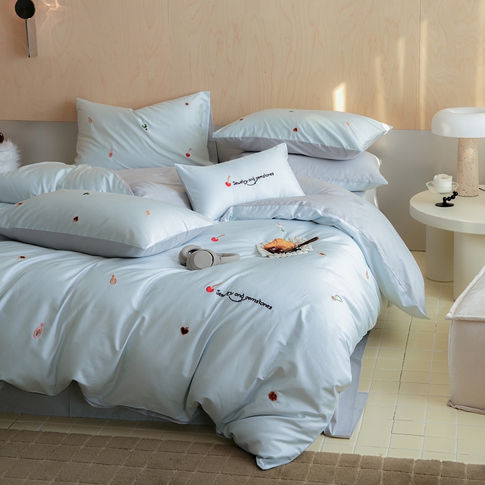 简纯主义 2025新款A类趣味系列全棉长绒棉插画绣花四件套-樱桃甜心 樱桃甜心-蓝