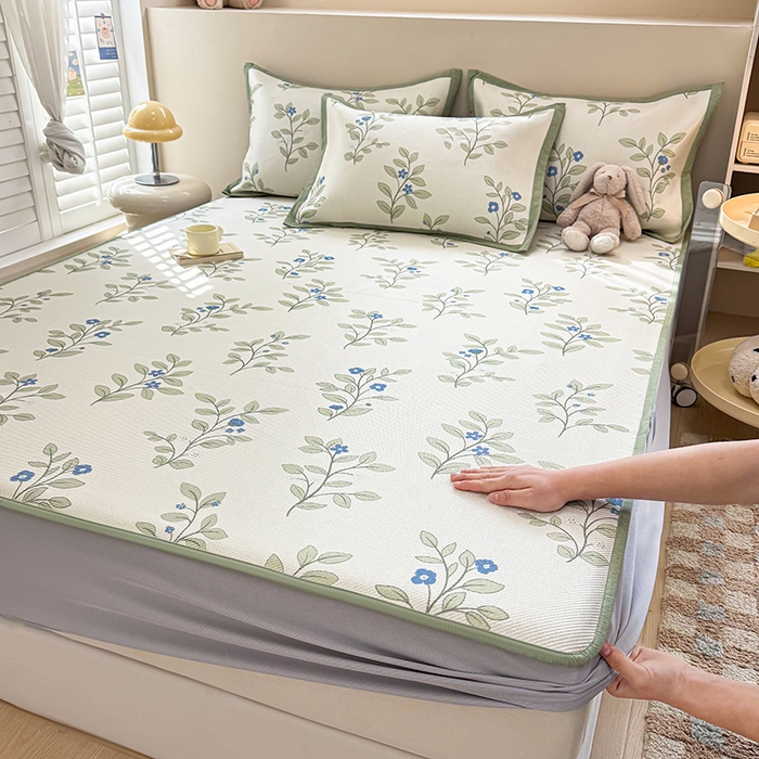 典曼家纺 2025新款600D数码印花冰藤席席子凉席-床笠款 蓝色花骨朵-床笠款