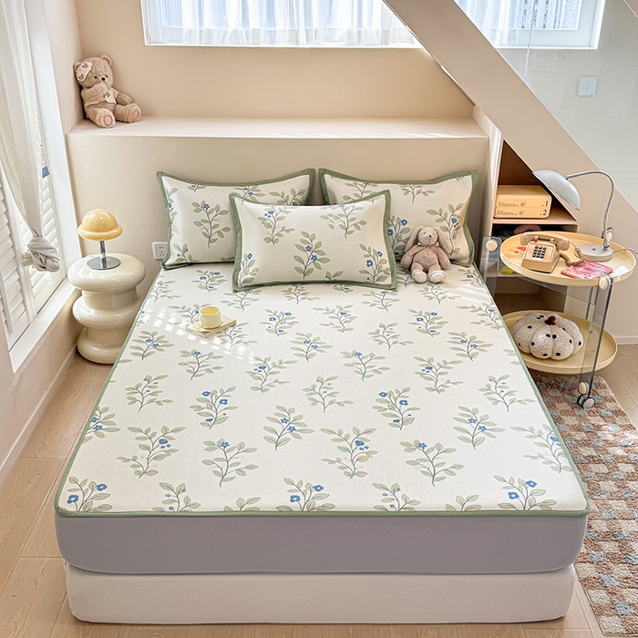 91家纺网 家纺一手货源 找家纺 典曼家纺 2025新款600D数码印花冰藤席席子凉席-床笠款 蓝色花骨朵-床笠款