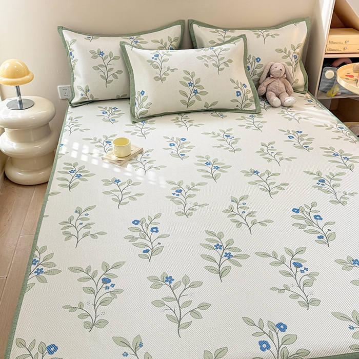 91家纺网 家纺一手货源 找家纺 典曼家纺 2025新款600D数码印花冰藤席席子凉席-床笠款 蓝色花骨朵-床笠款