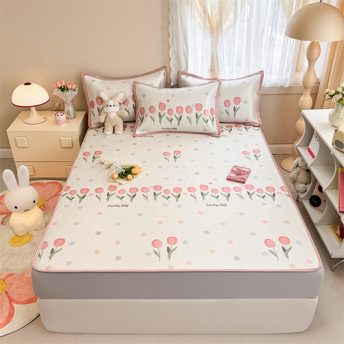 91家纺网 家纺一手货源 找家纺 典曼家纺 2025新款600D数码印花冰藤席席子凉席-床笠款 浪漫郁金香-床笠款