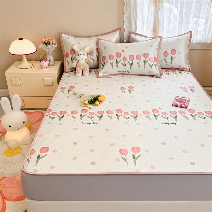 91家纺网 家纺一手货源 找家纺 典曼家纺 2025新款600D数码印花冰藤席席子凉席-床笠款 浪漫郁金香-床笠款