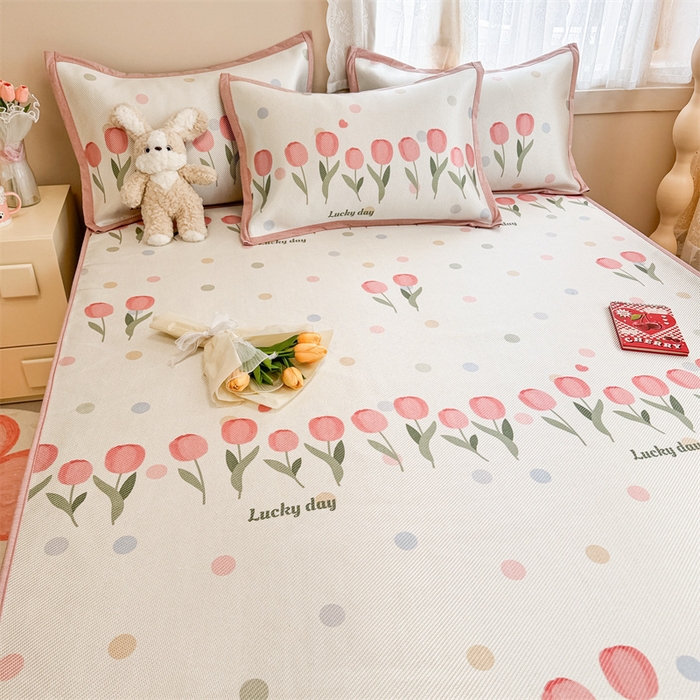 91家纺网 家纺一手货源 找家纺 典曼家纺 2025新款600D数码印花冰藤席席子凉席-床笠款 浪漫郁金香-床笠款