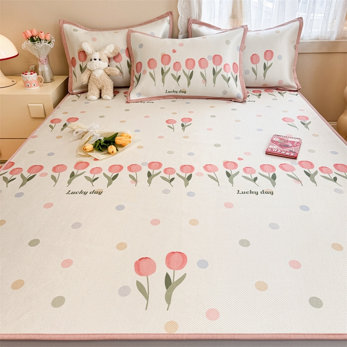 91家纺网 家纺一手货源 找家纺 典曼家纺 2025新款600D数码印花冰藤席席子凉席-床笠款 浪漫郁金香-床笠款