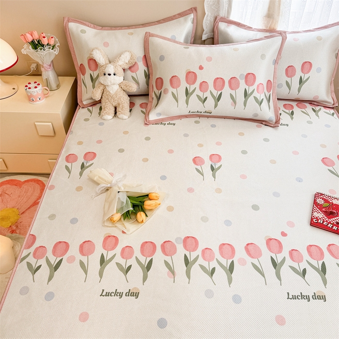 91家纺网 家纺一手货源 找家纺 典曼家纺 2025新款600D数码印花冰藤席席子凉席-床笠款 浪漫郁金香-床笠款