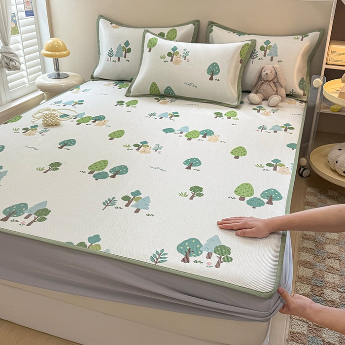典曼家纺 2025新款600D数码印花冰藤席席子凉席-床笠款 森林小熊-床笠款