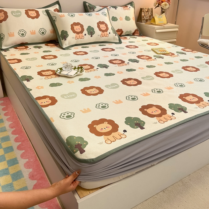 91家纺网 家纺一手货源 找家纺 典曼家纺 2025新款600D数码印花冰藤席席子凉席-床笠款 狮子王-床笠款