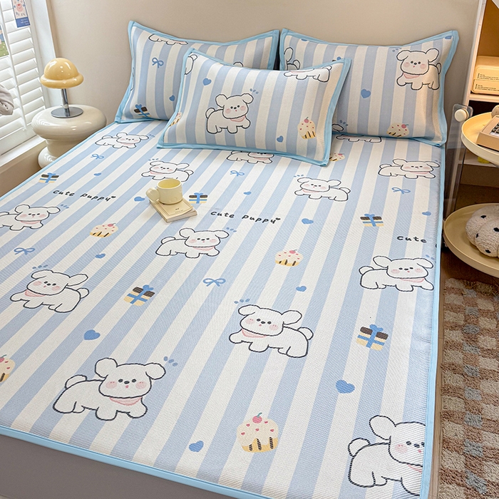 91家纺网 家纺一手货源 找家纺 典曼家纺 2025新款600D数码印花冰藤席席子凉席-床笠款 甜品小狗-床笠款