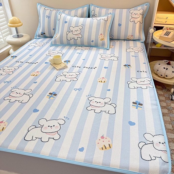 91家纺网 家纺一手货源 找家纺 典曼家纺 2025新款600D数码印花冰藤席席子凉席-床笠款 甜品小狗-床笠款