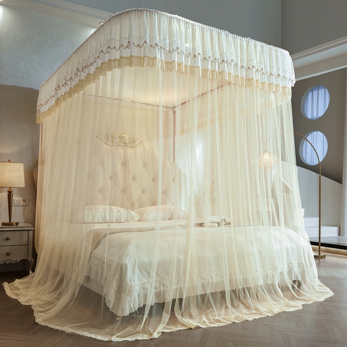 91家纺网 家纺一手货源 找家纺 梦尔佳蚊帐 2025新款导轨蚊帐（855型号）双层吕合金弯头带风扇杆 花蕊淡黄-单层