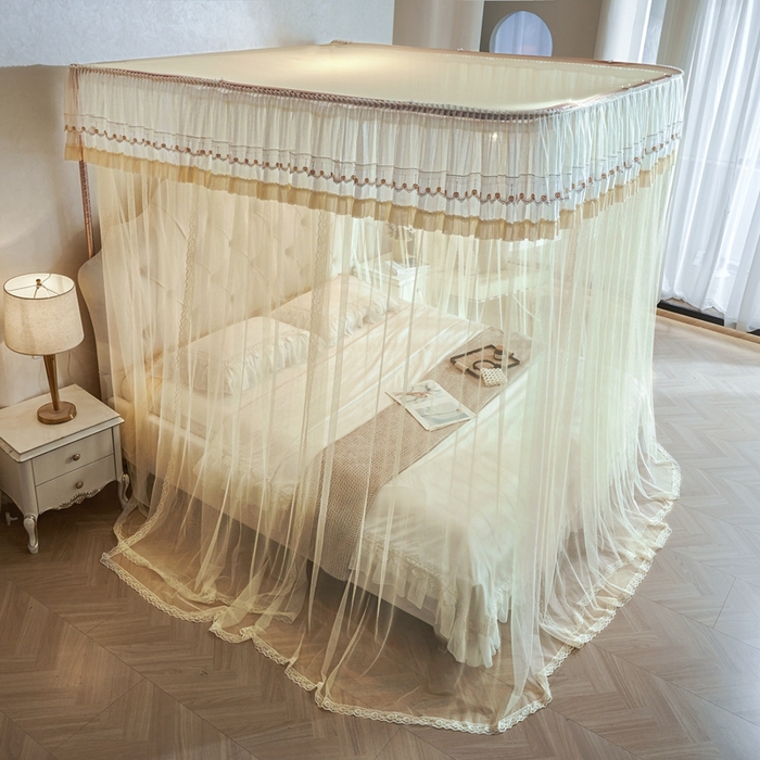 91家纺网 家纺一手货源 找家纺 梦尔佳蚊帐 2025新款导轨蚊帐（855型号）双层吕合金弯头带风扇杆 花蕊淡黄-单层