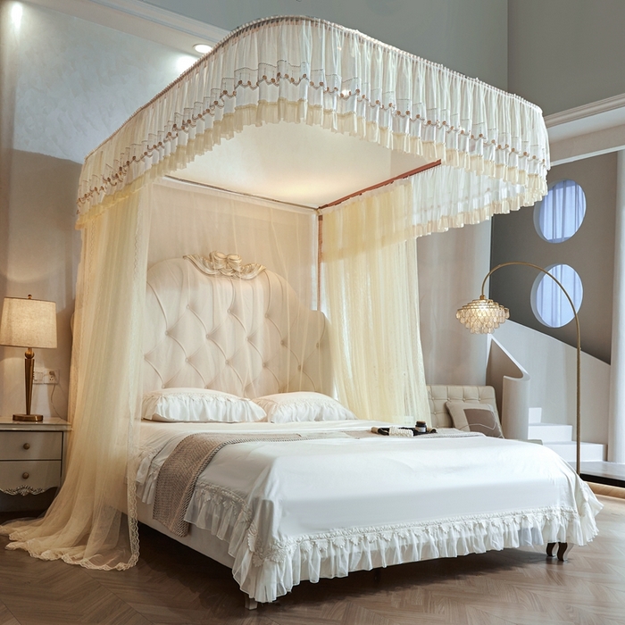 91家纺网 家纺一手货源 找家纺 梦尔佳蚊帐 2025新款导轨蚊帐（855型号）双层吕合金弯头带风扇杆 花蕊淡黄-单层