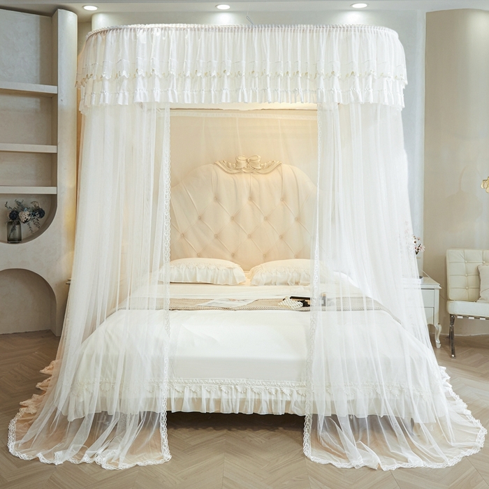 91家纺网 家纺一手货源 找家纺 梦尔佳蚊帐 2025新款导轨蚊帐（855型号）双层吕合金弯头带风扇杆 洁白如霞-单层