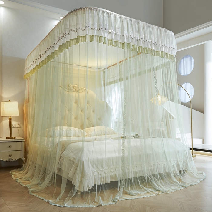 91家纺网 家纺一手货源 找家纺 梦尔佳蚊帐 2025新款导轨蚊帐（855型号）双层吕合金弯头带风扇杆 沫茶油绿-单层