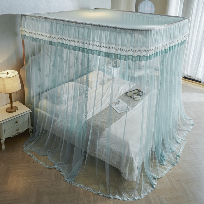 91家纺网 家纺一手货源 找家纺 梦尔佳蚊帐 2025新款导轨蚊帐（855型号）双层吕合金弯头带风扇杆 清雅淡蓝-单层