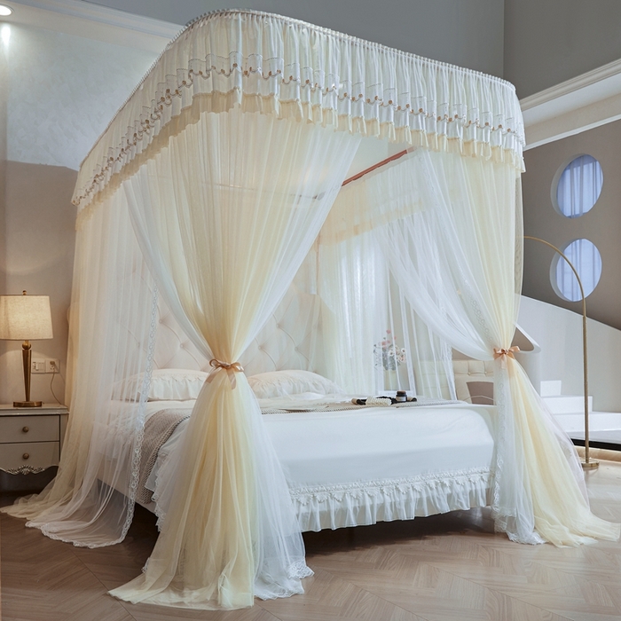 91家纺网 家纺一手货源 找家纺 梦尔佳蚊帐 2025新款导轨蚊帐（855型号）双层吕合金弯头带风扇杆 花蕊淡黄-双层