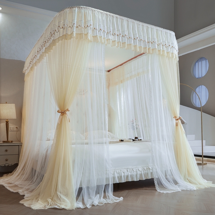 91家纺网 家纺一手货源 找家纺 梦尔佳蚊帐 2025新款导轨蚊帐（855型号）双层吕合金弯头带风扇杆 花蕊淡黄-双层