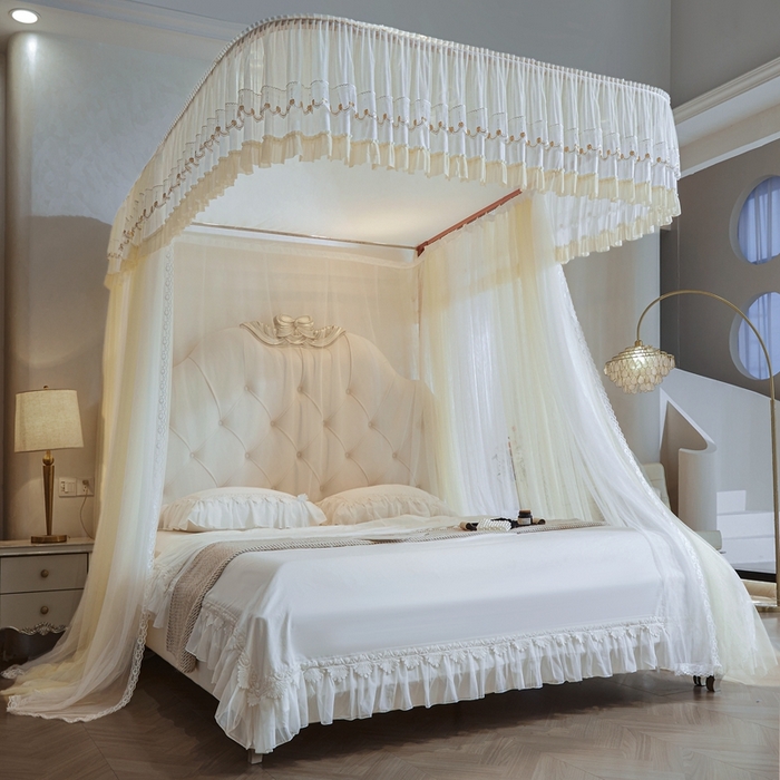 91家纺网 家纺一手货源 找家纺 梦尔佳蚊帐 2025新款导轨蚊帐（855型号）双层吕合金弯头带风扇杆 花蕊淡黄-双层