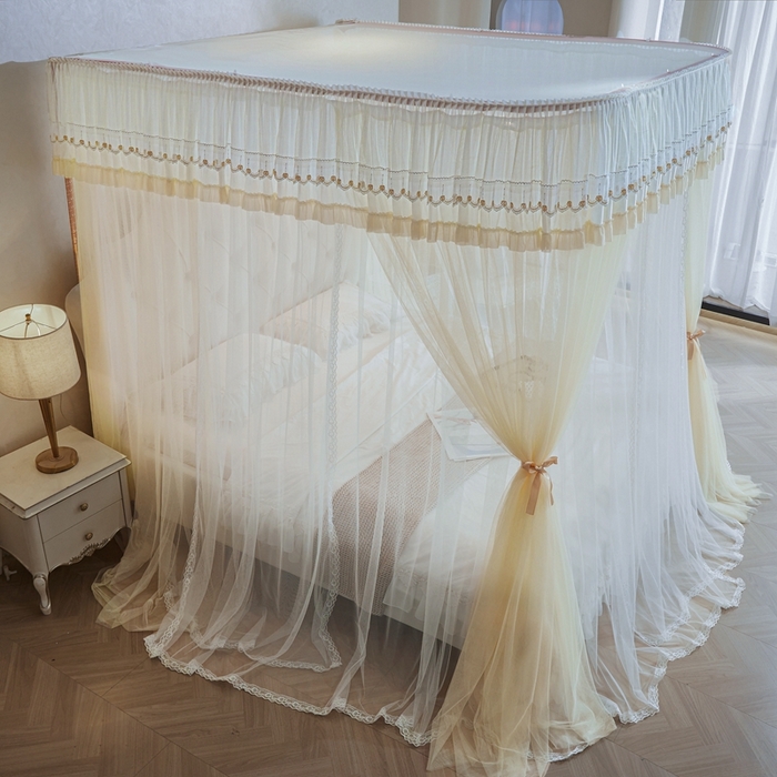 91家纺网 家纺一手货源 找家纺 梦尔佳蚊帐 2025新款导轨蚊帐（855型号）双层吕合金弯头带风扇杆 花蕊淡黄-双层