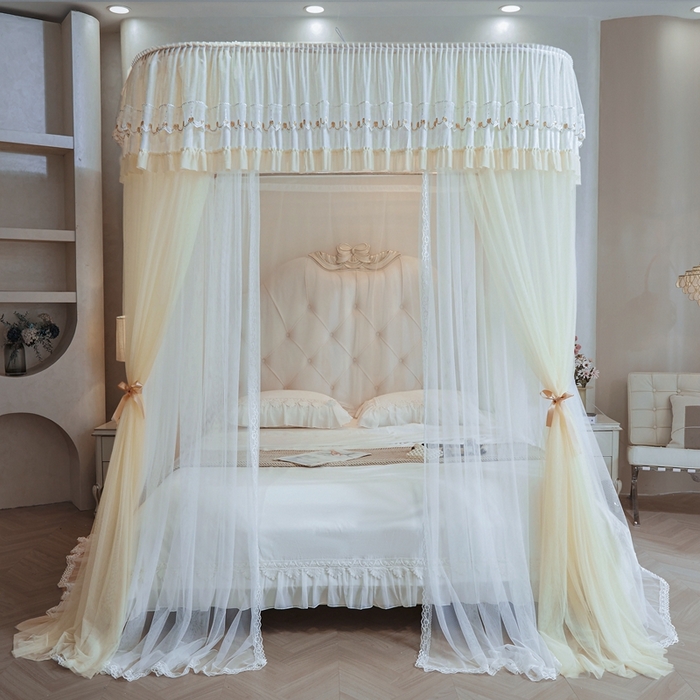 91家纺网 家纺一手货源 找家纺 梦尔佳蚊帐 2025新款导轨蚊帐（855型号）双层吕合金弯头带风扇杆 花蕊淡黄-双层