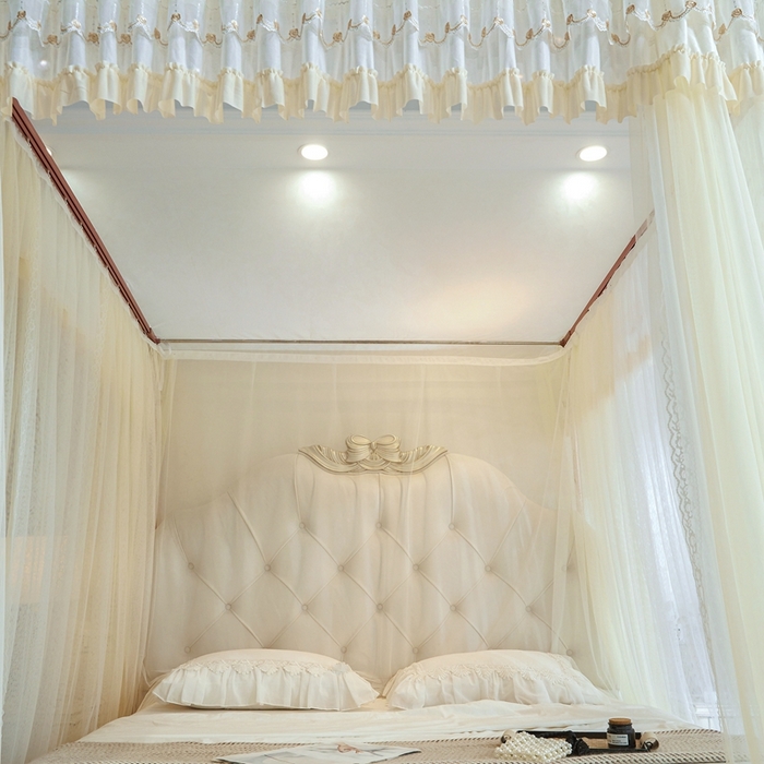 91家纺网 家纺一手货源 找家纺 梦尔佳蚊帐 2025新款导轨蚊帐（855型号）双层吕合金弯头带风扇杆 花蕊淡黄-双层