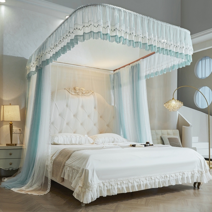 91家纺网 家纺一手货源 找家纺 梦尔佳蚊帐 2025新款导轨蚊帐（855型号）双层吕合金弯头带风扇杆 清雅淡蓝-双层