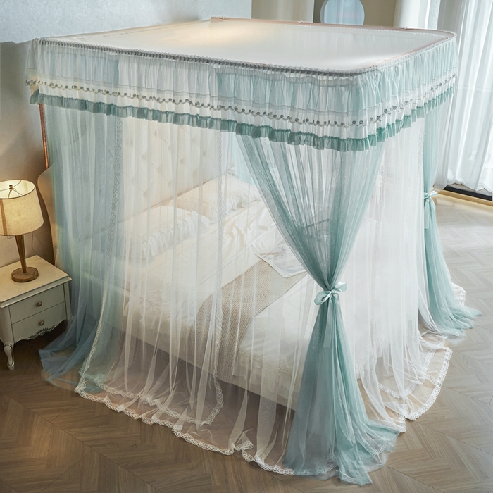 91家纺网 家纺一手货源 找家纺 梦尔佳蚊帐 2025新款导轨蚊帐（855型号）双层吕合金弯头带风扇杆 清雅淡蓝-双层