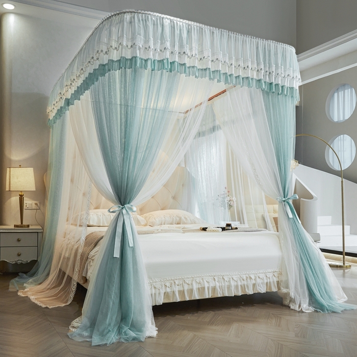 91家纺网 家纺一手货源 找家纺 梦尔佳蚊帐 2025新款导轨蚊帐（855型号）双层吕合金弯头带风扇杆 清雅淡蓝-双层